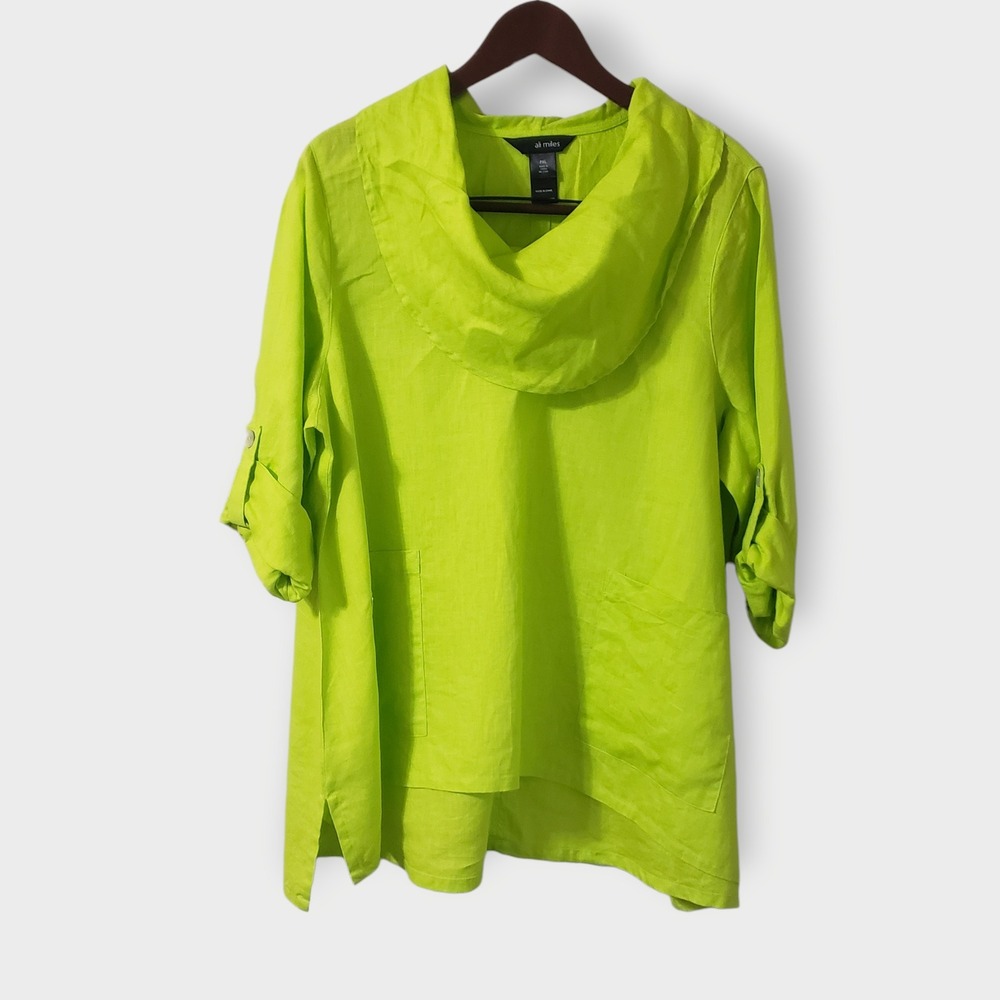 Ali Miles Linen Cowl Neck Tunic Top Vibrant Lime Green PXL Roll Tab Sleevesโ